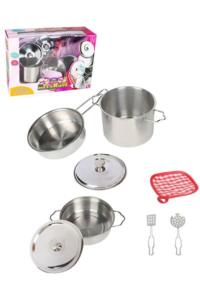 TUENGİ STORE Dollhouse Kitchen Play Set Realistic 8 Piece Toy Steel Cookware Pan Set