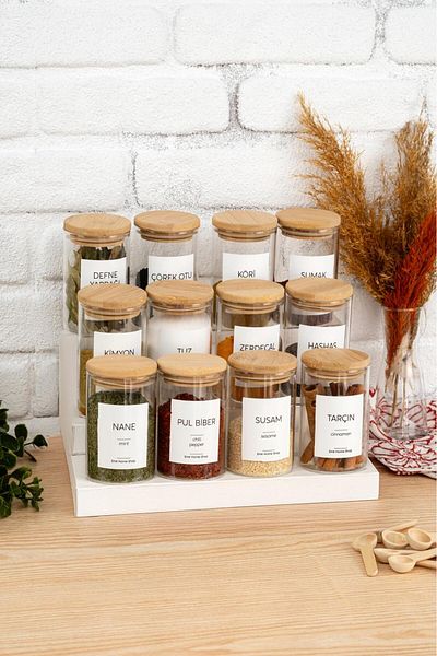 emir home shop 12 Pieces of Bamboo Lid Vacuum Glass Seasoning Set with Spoon Label Storage Container