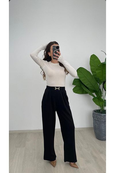 Nazline Women's Buckle Detailled Pleated Crepe Loose Leg Pants