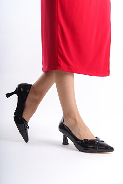 Bak Store Black Patent Leather stiletto - Pointed Toe and Buckle Detailed Heeled Women's shoes