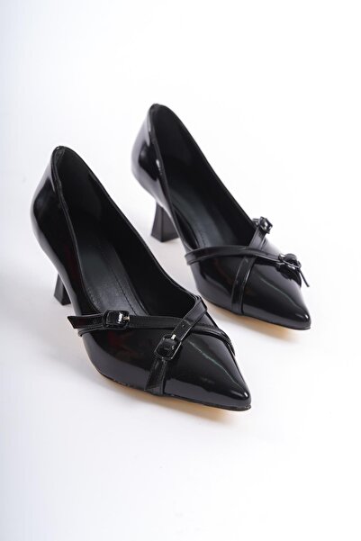 Bak Store Black Patent Leather stiletto - Pointed Toe and Buckle Detailed Heeled Women's shoes