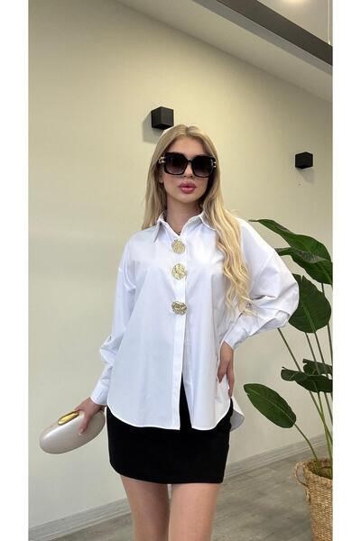 modadagiyim Cămașă albă cu mânecă lungă cu nasturi de piatră specială pentru femei