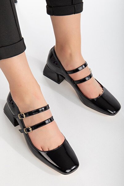 Bak Store Mary Jane Black Patent Leather Blunt Square Toe Short Thick Heeled Shoes