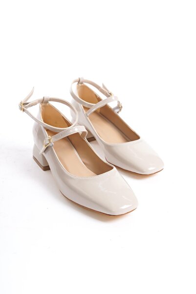 Bak Store Beige Patent Leather Mary Jane - Thick Heel Women's Shoes with Blunt Square Toe and Helmet