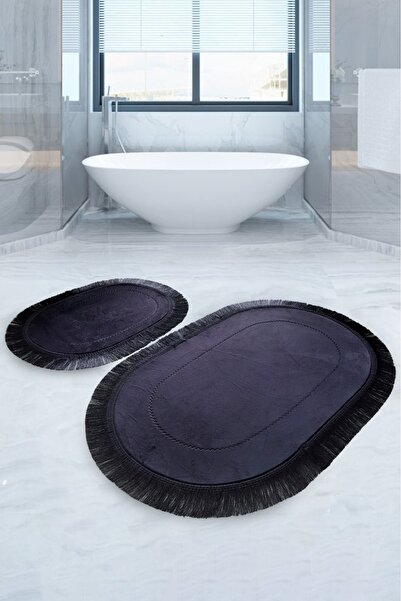 Dokumacıoğlu Pera Black 2-Pece Tassel Χαλάκι Μπάνιου, Σετ Χαλιών Αντιολισθητι...