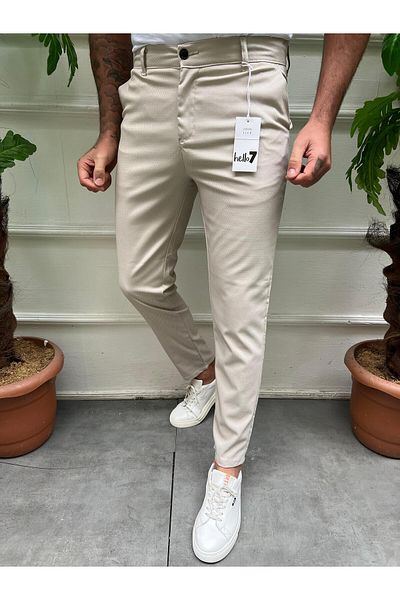 hello7 Ανδρικό λινό παντελόνι Cream Slim Fit Flexible Lycra Quality