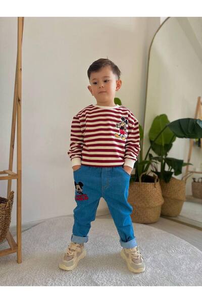 Narin kids Bayramlık Mickey Mouse Detaylı Kot Pantolonlu Erkek Çocuk Alt Üst Takım
