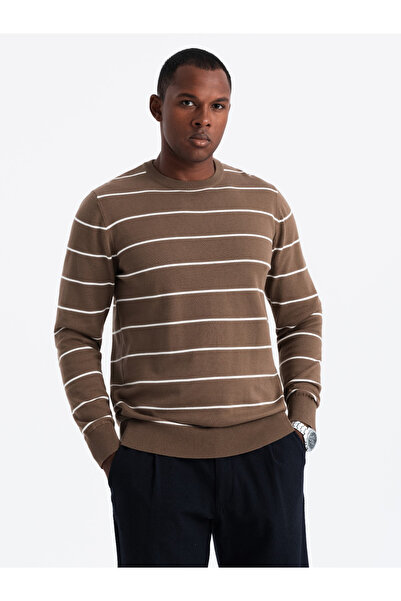 OMBRE Lässiger Herrenpullover mit Querstreifen - braun V3 OM-SWSW-0143 XL