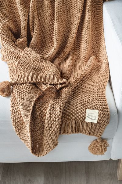 Miespiga Coco Rice Knitted Knitwear Τηλεόραση Κουβέρτα Throw Camel Πλεκτό σάλι καναπέ με πομπόν