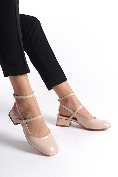 Bak Store Tight Mold Mary Jane Beige Patent Leather Open Back Blunt Square Toe Hard Hat Thick Heeled Shoes