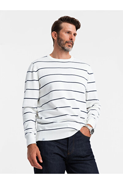 OMBRE Ανδρικό casual πουλόβερ με οριζόντιες ρίγες - κρεμ V2 OM-SWSW-0143 XL