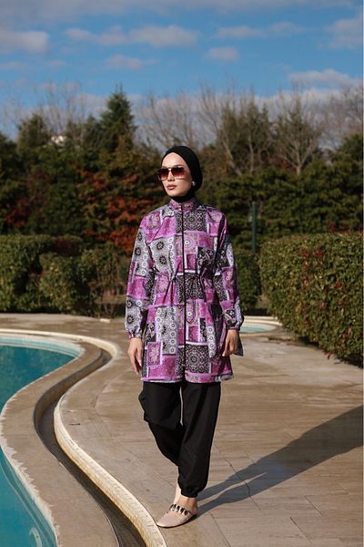 dilber fashion Authentic Pattern Hijab Swimsuit with Bone and Bag Gift, Elastic Waist and Zipper