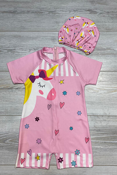 My Kids Wear Çizgi Film Desenli Fermuarlı Boneli Kız Çocuk Mayosu