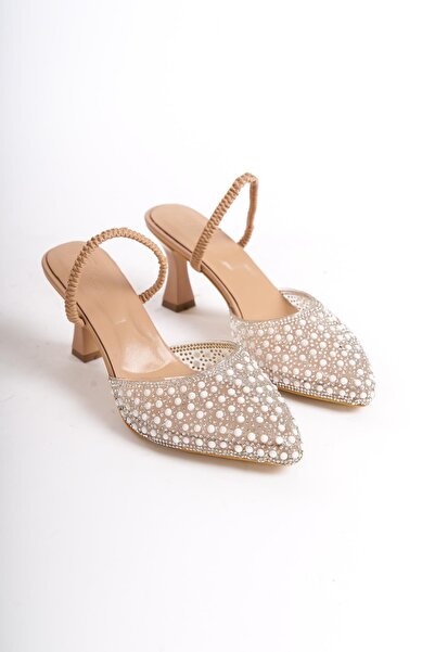 Bak Store Ten Nude Şeffaf İnci Detaylı Lastikli 5 cm Topuklu Kadın Ayakkabı