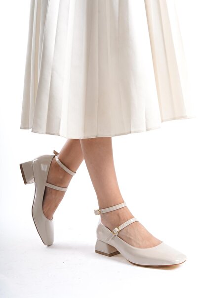Bak Store Beige Patent Leather Mary Jane - Thick Heel Women's Shoes with Blunt Square Toe and Helmet