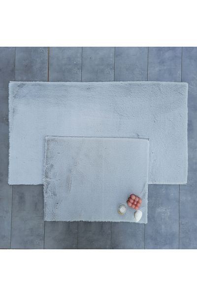 Dokumacıoğlu Rabbit Hair Rabbit Grey Σετ 2 χαλιών μπάνιου Αντιολισθητικό δερμάτινο μαλακό χαλί μπάνιου