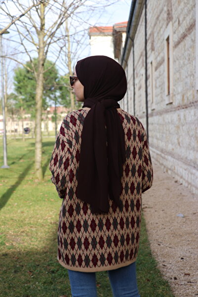 ilmek 24123 Γυναικεία πλεκτή ζακέτα σε καφέ γαλακτώδες χρώμα - Διαμάντια, τσέπες και κουμπιά