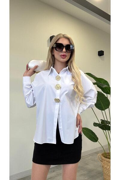 modadagiyim Cămașă albă cu mânecă lungă cu nasturi de piatră specială pentru femei