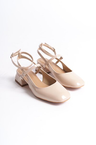 Bak Store Tight Mold Mary Jane Beige Patent Leather Open Back Blunt Square Toe Hard Hat Thick Heeled Shoes