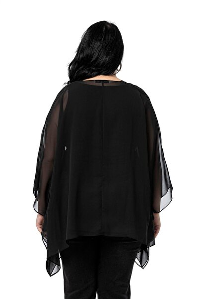 DISENTIS MODEST Plus Size Wide Cut under Sleeve Stitching Detail Black Poncho Bolero