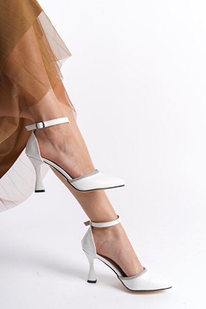 Bak Store White Skin Stone 7 cm Heeled Women's Shoes