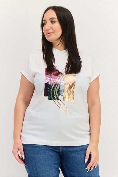Esprit Women Mock Neck Cap Sleeves Metallic T-shirt, White