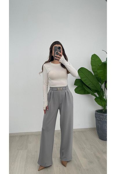 Nazline Women's Buckle Detailled Pleated Crepe Loose Leg Pants