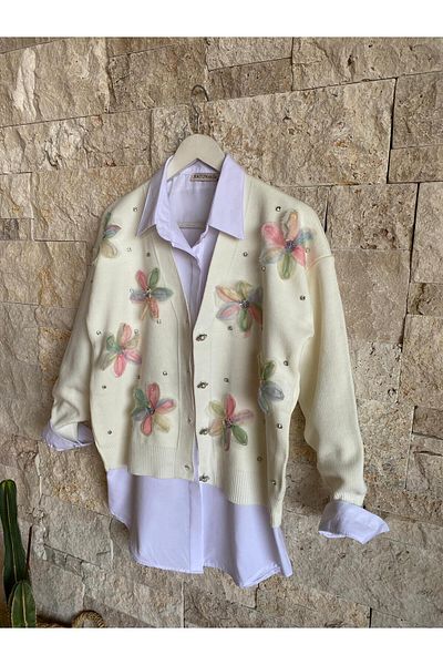 Hatun Atila Hatunatila Ecru Knitwear Cardigan - Tulle Flower and Pearl Detail