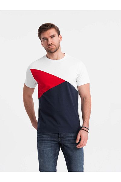 OMBRE Dreifarbiges Herren-T-Shirt aus Baumwolle - Weiß und Marineblau V3 OM-TSCT-0174 XXL