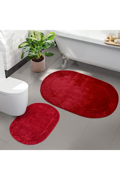Dokumacıoğlu Rixos Set of 2 Red Bath Mat, Carpet, Non-Slip Leather Based Washable Toilet Seat