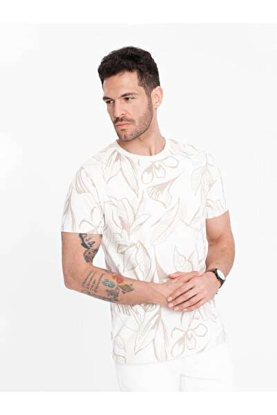 OMBRE Men's full-print t-shirt in contrasting leaves - light beige V1 OM-TSFP-0180 M