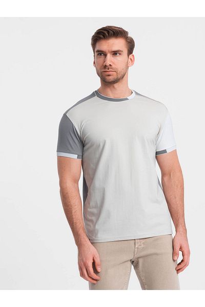 OMBRE Pánské tričko s elastanem s barevnými rukávy - šedé V4 OM-TSCT-0176 XXL