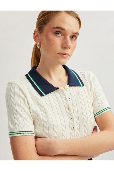 Koton Contrast Detail Button Hair Knit Short Sleeve Polo Neck Knitwear Sweater