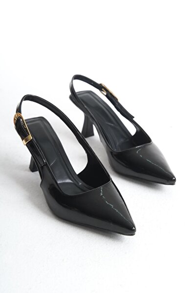 Bak Store Black Patent Leather Gold Buckle Detailed Women's Heeled Shoes Stiletto