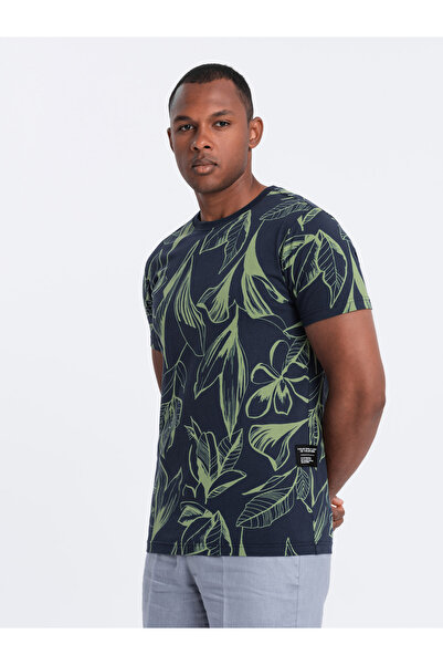 OMBRE Pánské celopotištěné tričko v kontrastních listech - tmavě modrá V5 OM-TSFP-0180 M