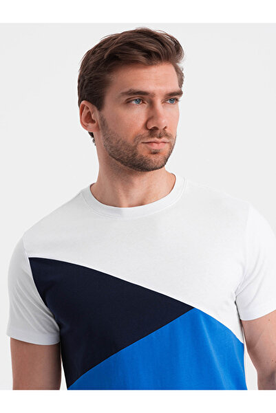 OMBRE Ανδρικό τρίχρωμο βαμβακερό μπλουζάκι - λευκό και μπλε V4 OM-TSCT-0174 XXL