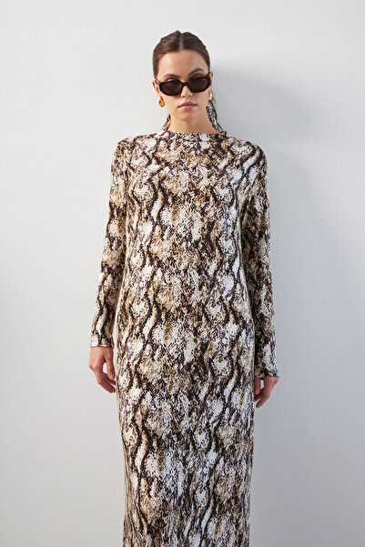 Bipantolon Γυναικείο μακρυμάνικο φόρεμα με μοτίβο από δέρμα φιδιού με μισό ζιβάγκο