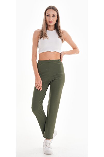 DEVRİMAY TEKSTİL Kadın Haki Krep Esnek Full Likralı Zayıf Gösteren Pantolon Tayt