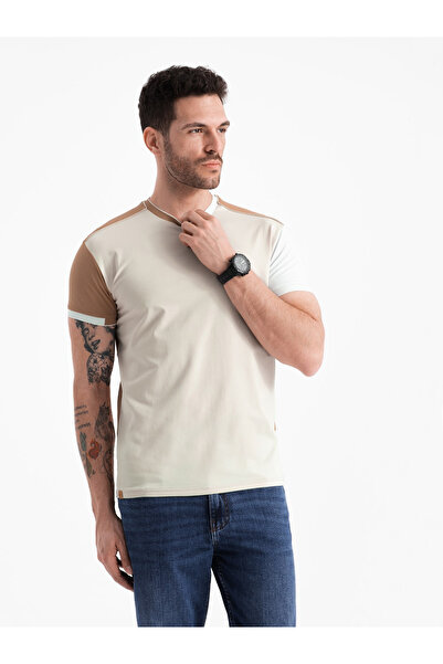 OMBRE Tricou bărbătesc din elastan cu mâneci colorate - maro V1 OM-TSCT-0176 S