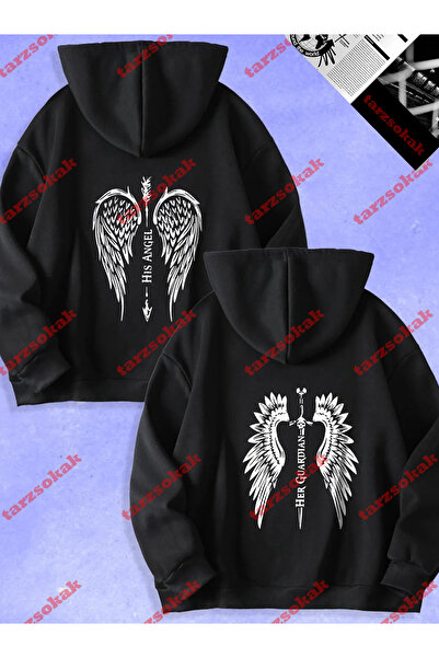 Tarzsokak Sevgili Çift Kombin Angel ve Guardian Baskılı Özel Tasarım Kapüşonlu Sweatshirt 2li S