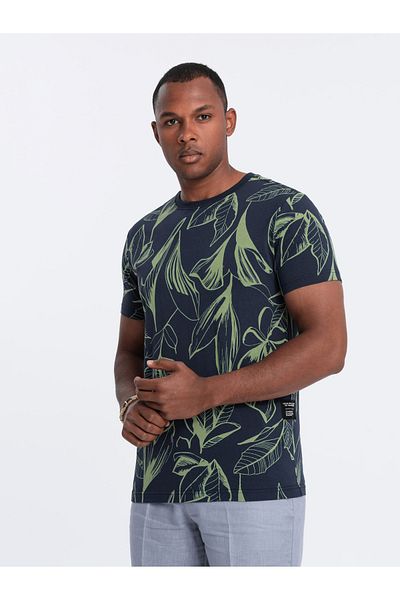 OMBRE Ανδρικό μπλουζάκι full-print σε φύλλα σε αντίθεση - navy blue V5 OM-TSFP-0180 S