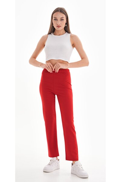 DEVRİMAY TEKSTİL Kadın Kırmızı Esnek Full Likralı Zayıf Gösteren Pantolon Tayt