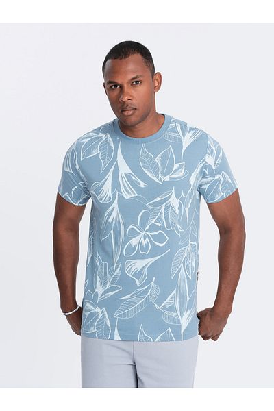 OMBRE Tricou pentru bărbați cu imprimeu integral cu frunze contrastante - albastru V2 OM-TSFP-0180 S