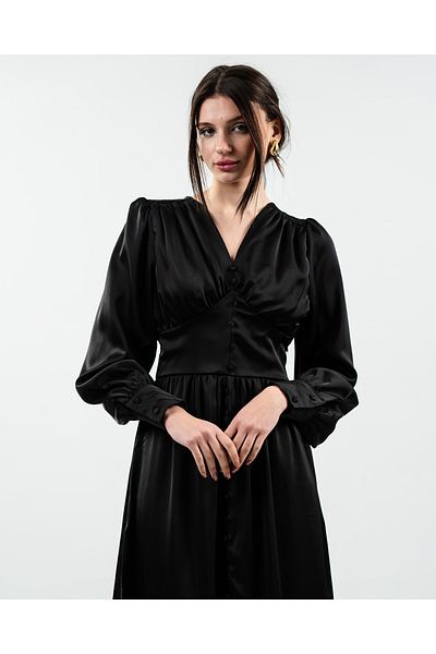 maf collection Γυναικείο Μαύρο Μπροστινό Σατέν Βραδινό Φόρεμα με λεπτομέρεια με κουμπιά