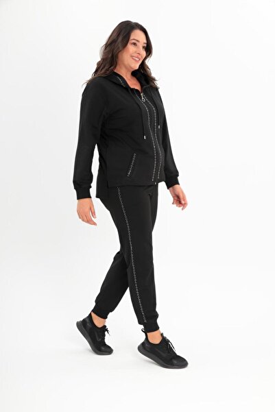 Esina Women's Two Yarn Front Zippered Elastic Leg Hooded Tracksuit Set