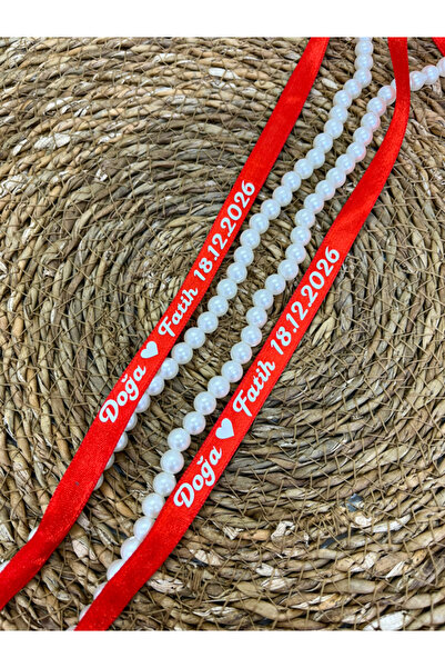 imzatasarım Dökülen İncili Beyaz Renk Baskılı İsimli Söz ve Nişan Kurdelesi K...