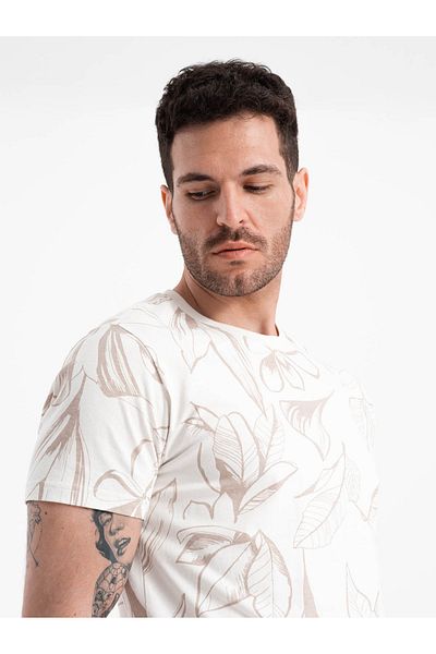 OMBRE Ανδρικό μπλουζάκι full-print σε φύλλα σε αντίθεση - ανοιχτό μπεζ V1 OM-TSFP-0180 S