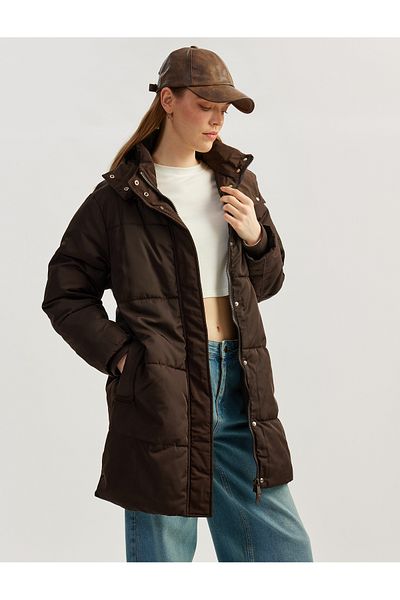 Koton Oversize Puffer Jacket with Hooded Snap Button and Zipper