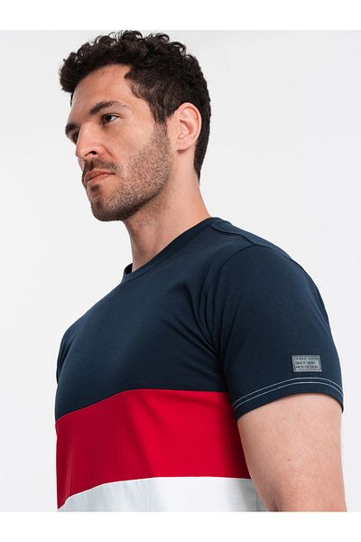 OMBRE Tricou tricolor pentru bărbați cu dungi largi - bleumarin și alb V1 OM-TSCT-0152 XXL