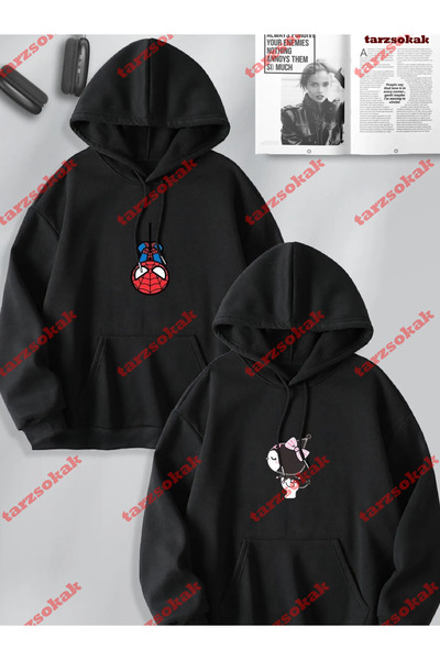 Tarzsokak Sevgili Çift Kombin Kuromi ve Spiderman Baskılı Özel Tasarım Kapüşonlu Sweatshirt 2li